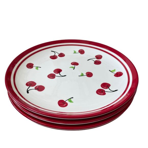 Terramoto CHERRY Ceramic Dinner Plates 10.5in Red & White Set of 4 NEW - Picture 9 of 12
